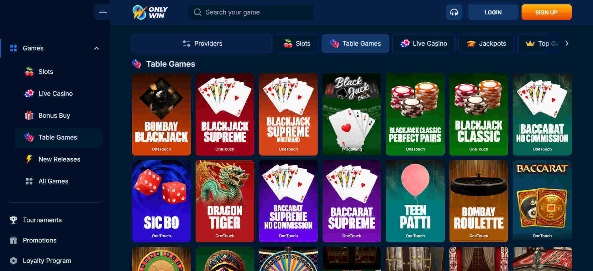 Only.win Casino table games